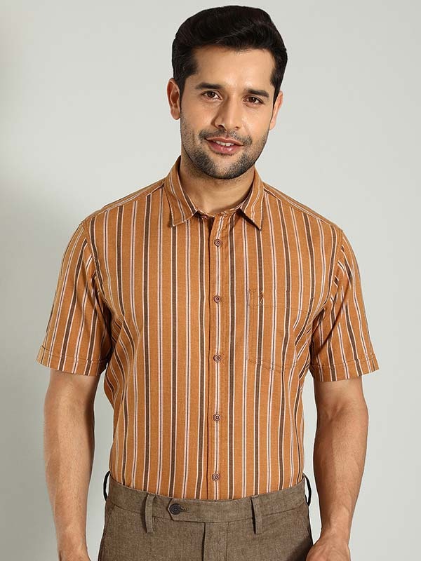 Indian Terrain Men's Regular Fit Half Sleeve Striped Brown Shirt